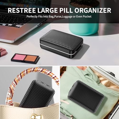 Restree Weekly Pill Organizer 8 Compartment, [Triple Seal Magnetic Lock] Travel Pill Case with Labels & Inner Lid, Moisture Proof for Vitamins, Fish Oil, Supplements, Daily Meds – 7+1 Large (Black)