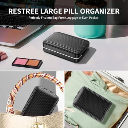 Restree Weekly Pill Organizer 8 Compartment, [Triple Seal Magnetic Lock] Travel Pill Case with Labels & Inner Lid, Moisture Proof for Vitamins, Fish Oil, Supplements, Daily Meds – 7+1 Large (Black)