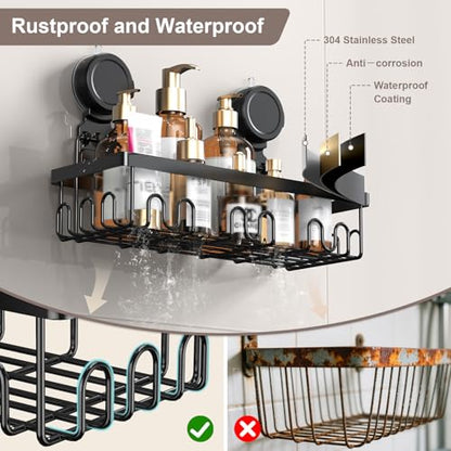 JOTPE Shower Caddy Suction Cup, No Drill Shower Shelves for Bath, 2 Pack | Shower Organizer with Large Capacity, Storage Suction Powerful Max Hold 40 lbs, Waterproof & Removable Bathroom Shelf, Black