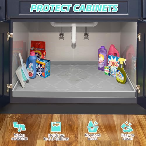 Waterproof Under Sink Mat 34" x 22", Raised Edge Silicone Mat Tray | 100% Food-Grade, Thick Shelf Liner Cabinet Protector, Kitchen, Bathroom Organizer and Storage, Pets, Boots, Home Essentials