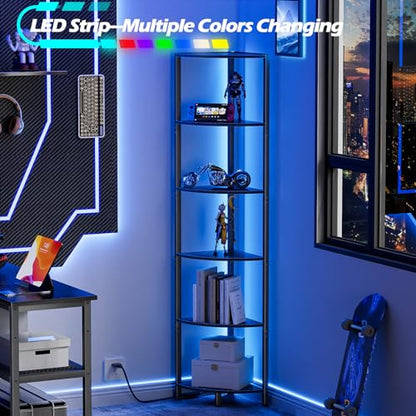 6 Tier Corner Shelf with LED Light, 67.5" Black Narrow Bookshelf | Tall Standing Shelf Organizer, Storage Rack for Wall Corner, Living Room, Bedroom, Metal Frame, Wood Display Shelf