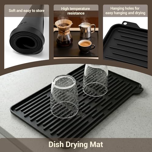 Silicone Coffee Mat for Countertop, 24x16 inch Heat Resistant Espresso Machine Mat, Non-Slip Coffee Bar Mat with Detachable Drying Area and Raised Edge, Waterproof Station Pad - Black