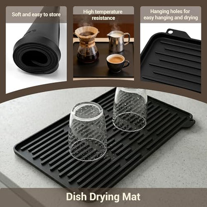 Silicone Coffee Mat for Countertop, 24x16 inch Heat Resistant Espresso Machine Mat, Non-Slip Coffee Bar Mat with Detachable Drying Area and Raised Edge, Waterproof Station Pad - Black