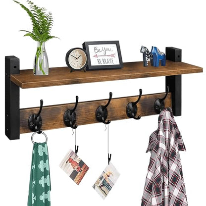 Wall Hooks with Shelf, Wood Coat Rack with Shelf Wall-Mounted, Entryway Hanging Shelves with 5 Metal Hooks for Clothes Hats Towel Purse Robes, Bathroom Mudroom Bedroom, Rustic Brown Black