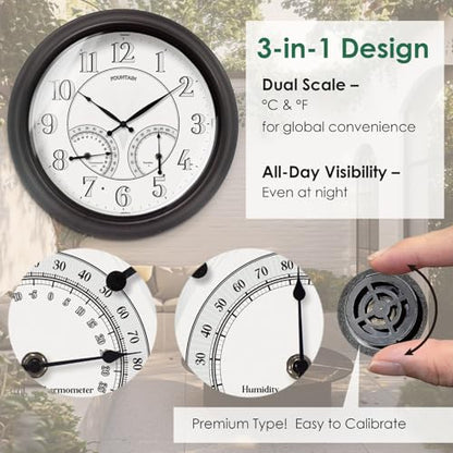 18" Illuminated Outdoor Clocks for Patio Waterproof | Adjustable Thermometer & Hygrometer,Oil Rubbed Bronze Black, IP65 Weatherproof & Easy to Read for Patio,Pool & Home Decor