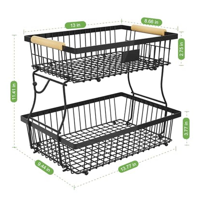 2 Tier Fruit Basket for Kitchen Counter with 2 Banana Hangers, Countertop Metal Bread Basket with Wooden Handle, Large Storage Stand for Vegetables, Snacks, Eggs, Produce Storage – Black