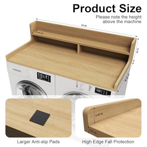 Washer Dryer Countertop, 54" x 27.55" 2-Tier Washer Dryer Topper with Edge, for Laundry Room Organization Oak