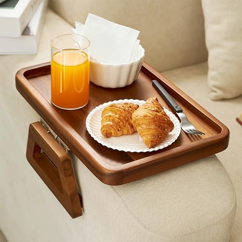 TINAMO Large Acacia Wood Couch Arm Table, Fits Most Sofas, 13.75" x 9.5" | Solid Acacia Wood Construction, Spacious Display Surface, Clips Securely with Grip, Foldable & Portable, No Assembly Needed