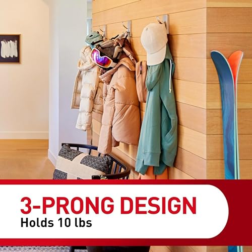 Command X-Large Satin Nickel Triple Hooks, 1 Hook, 3 Strips | Heavy Duty, Damage-Free Hanging with Adhesive Strips, No Tools Wall Hook for Hanging Decorations, Holds up to 10 lb