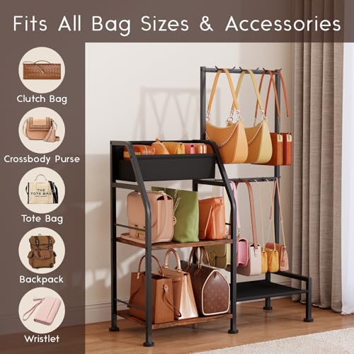 Purse Organizer for Closet - Purse Rack Stand with 12 Hooks, 2 Wooden Shelves Purse Storage for Closet, Large Capacity Backpack Storage, Handbag Organizer for Home, Living Room, Black