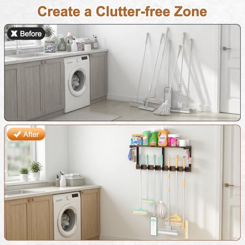 Housolution Wall Mount Broom Holder Laundry Room Storage Organizer Shelves | Thickened Metal Frame, 100 LBS High Load-Bearing, Large Capacity, Multifunctional with 7 Grippers & 8 Hooks
