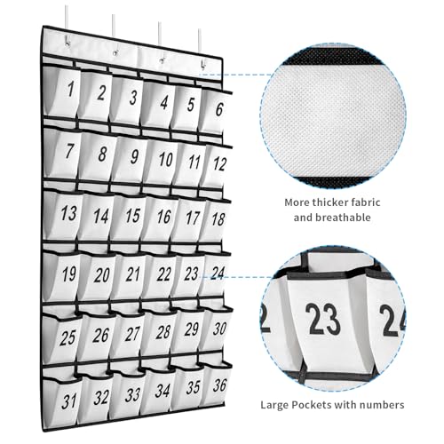 SAVERHO 36 Pockets Numbered Classroom Pocket Chart for Cell Phones, Hanging Pocket Chart Storage for Classroom Phone Calculator Holder with 4 Stainless Steel Hooks (White-36pockets)