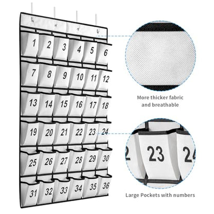 SAVERHO 36 Pockets Numbered Classroom Pocket Chart for Cell Phones, Hanging Pocket Chart Storage for Classroom Phone Calculator Holder with 4 Stainless Steel Hooks (White-36pockets)