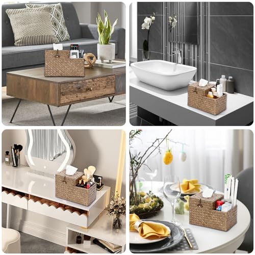 Sumnacon Tissue Box Cover Square Tissue Box Woven Seagrass Tissue Box Holder with Side Organizer, Rustic Tissue Holder for Living Room Bathroom Bedroom Kitchen Office Table Desk, Coffee