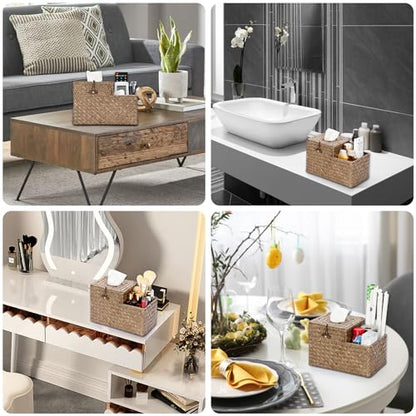Sumnacon Tissue Box Cover Square Tissue Box Woven Seagrass Tissue Box Holder with Side Organizer, Rustic Tissue Holder for Living Room Bathroom Bedroom Kitchen Office Table Desk, Coffee