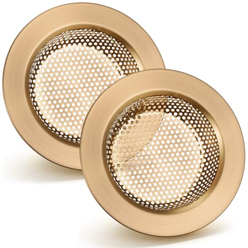 2 Pcs Sink Strainer Stainless Steel Kitchen Sink Drain Strainer Basket Cover Mesh Hair Food Catcher, Large Wide Rim of 4.4 Diameter (Champagne Bronze)