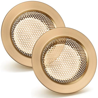 2 Pcs Sink Strainer Stainless Steel Kitchen Sink Drain Strainer Basket Cover Mesh Hair Food Catcher, Large Wide Rim of 4.4 Diameter (Champagne Bronze)