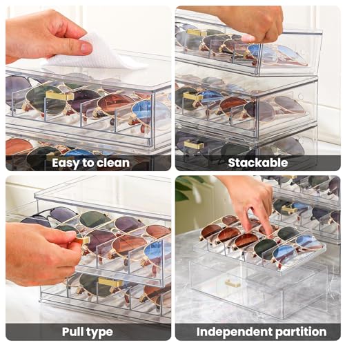 LALOBLUE Clear Acrylic Sunglasses Organizer, Stackable Eyeglass Storage Case with Gold Handles, Glasses Display Holder