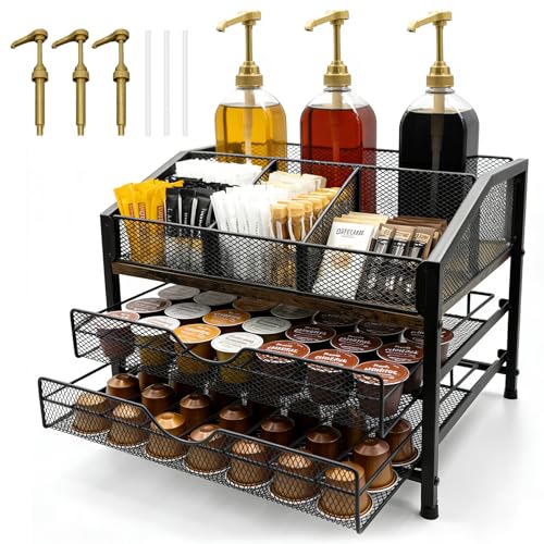 Coffee Bar Organizer with 3 Syrup Pumps, 3-Tier Co... (Black | Iron, Wood)