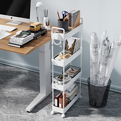 SOLEJAZZ Slim Rolling Storage Cart Skinny Bathroom Organizer, 4 Tier, White | Thin utility cart with wheels for bathroom, laundry room, bedside, kitchen, dorm, office, next to fridge, small narrow places