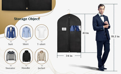 43" Black Garment Bags for Hanging Clothes Storage and Men Travel with Car, Hanging Suit bag Cover with Zipper, Clear Window and Name Tag for Shirt, Jacket, Suit, Coat (5 PACK)