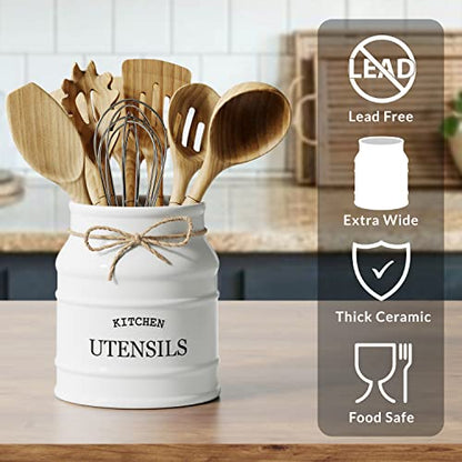Barnyard Designs Ceramic Kitchen Utensil Holder Countertop 6.75″ (White) | Large Rustic Kitchen Utensil Crock Counter Organizer for Cooking Tools, Spatulas, and Gadgets; Spatula Caddy; Farmhouse Decor