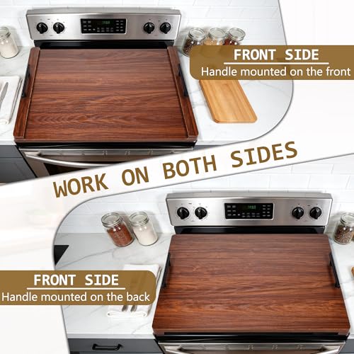 Noodle Board Stove Cover with Handles, Wood Stove Top Covers for Electric Stove and Gas Burners, Wooden Decorative Serving Tray Kitchen Sink Cover for Counter Space (Walnut)