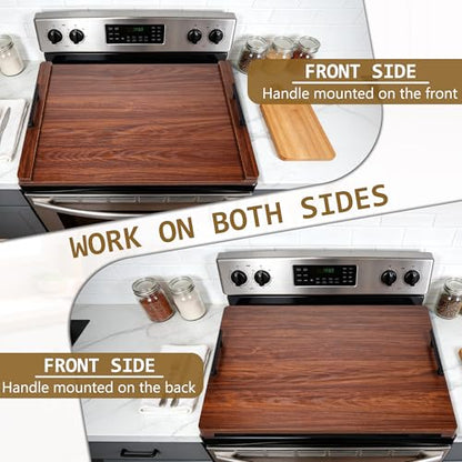 Noodle Board Stove Cover with Handles, Wood Stove Top Covers for Electric Stove and Gas Burners, Wooden Decorative Serving Tray Kitchen Sink Cover for Counter Space (Walnut)