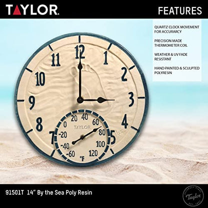 Taylor By The Sea Poly Resin Indoor and Outdoor Clock and Thermometer, Decorative and Easy to Read Large Numbers for Kitchen, Bathroom, Living Room and Indoor Areas, 14-inch, Multi-Color