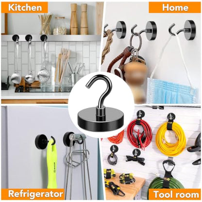 Magnetic Hooks Heavy Duty 170LB+ Strong Black Magnets Hook | Rare Earth Neodymium Hooks with Epoxy Coating Cruise Magnets with Hook for Hanging Refrigerator Garage 6 Pack