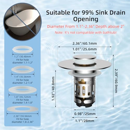 Hibbent 2 Pack 3 in 1 Bathroom Sink Drain Strainer, Universal Pop Up Stopper with Removable Stainless Steel Filter Basket Hair Catcher, Sink Plug for 1.1''~2.36'' Basin, Brass Bullet Core, Chrome