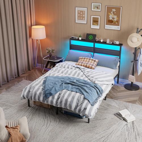 Full Size Bed Frame with LED Lights & Charging, Black Platform Bed