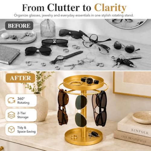 360° Rotating Sunglasses Organizer, 2-Tier with Jewelry Tray & Storage Base | Stainless Steel Glass Holder Stand, sunglasses storage for Multiple Sunglasses,Watches,Rings, Keys, Dresser, Desk, Nightstand