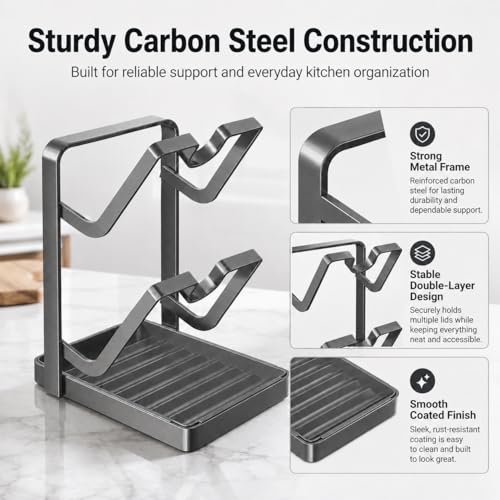 2-Tier Pot Lid Holder for Countertop, Pot and Pan... (gray | Carbon Steel)
