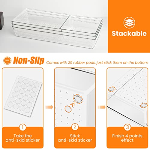 6 Pcs Large Size Clear Drawer Organizer Set, Acrylic Non Slip Non Cracking Kitchen Drawer Storage Tray Divider, Multifunctional Storage for Cosmetics, Bathroom, Tools, Kitchen and Office