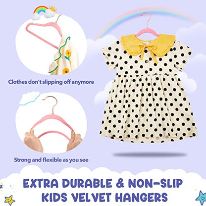 HOUSE DAY Velvet Kids Hangers 60 Pack, Premium Childrens Hangers for Closet | Blush Pink Ultra Thin Cute Clothes Hanger, Non Slip Small Felt Hanger 14 Inch for Kids Clothes +360° Swivel Rose Gold Hook