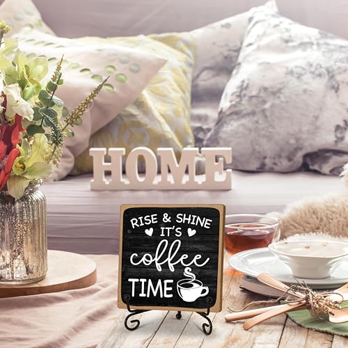 Farmhouse Coffee Bar Sign, Rise & Shine It's Coffee Time | 5"x5" Wood Plaque with Stand Gift for Home Kitchen Tabletop Decor | B09