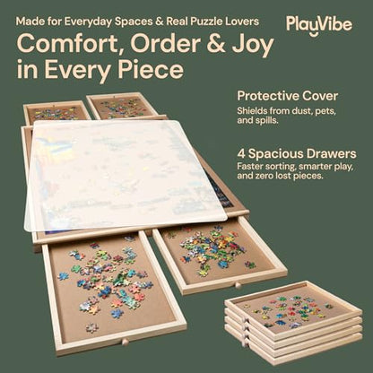 PlayVibe 1000 Piece Puzzle Board with Drawers & Cover - Wooden Tray | Portable wood jigsaw tray - 4 drawers - protective cover - sturdy - Use for family game night, travel & gifts