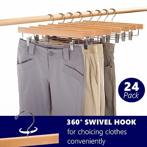 Amber Home 24 Pack Natural Wooden Pants Hangers with Adjustable Clips, 14" | Wood Skirt & Trouser Hangers, Closet Hangers for Bottom, Jeans, Slacks, Shorts