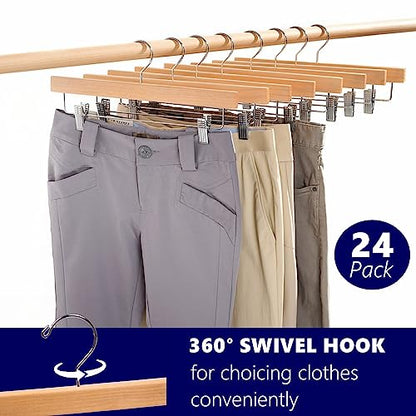 Amber Home 24 Pack Natural Wooden Pants Hangers with Adjustable Clips, 14" | Wood Skirt & Trouser Hangers, Closet Hangers for Bottom, Jeans, Slacks, Shorts
