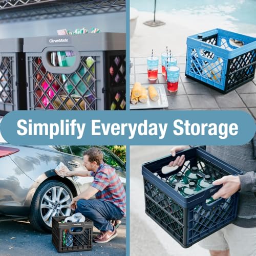 CleverMade Collapsible Milk Crate, 25L, 50 lb, Obsidian | Built-in rails hold letter-size hanging files. Interlocking crates stack open or folded and carry up to 50 lb each.