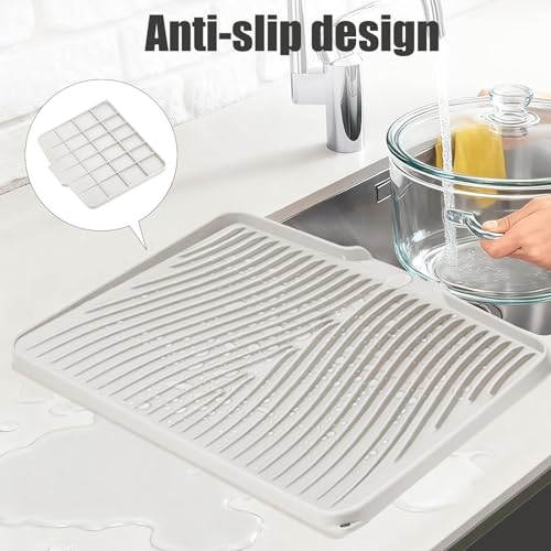 Silicone Dish Drying Mat for Kitchen Counter, Cream-1pcs, 20" x 15" | Heat Resistant & Non-Slip Dish Drain Pad with Built-In Drain, Dishwasher Safe, Quick-Dry, Hangable & Roll-Up for Storage