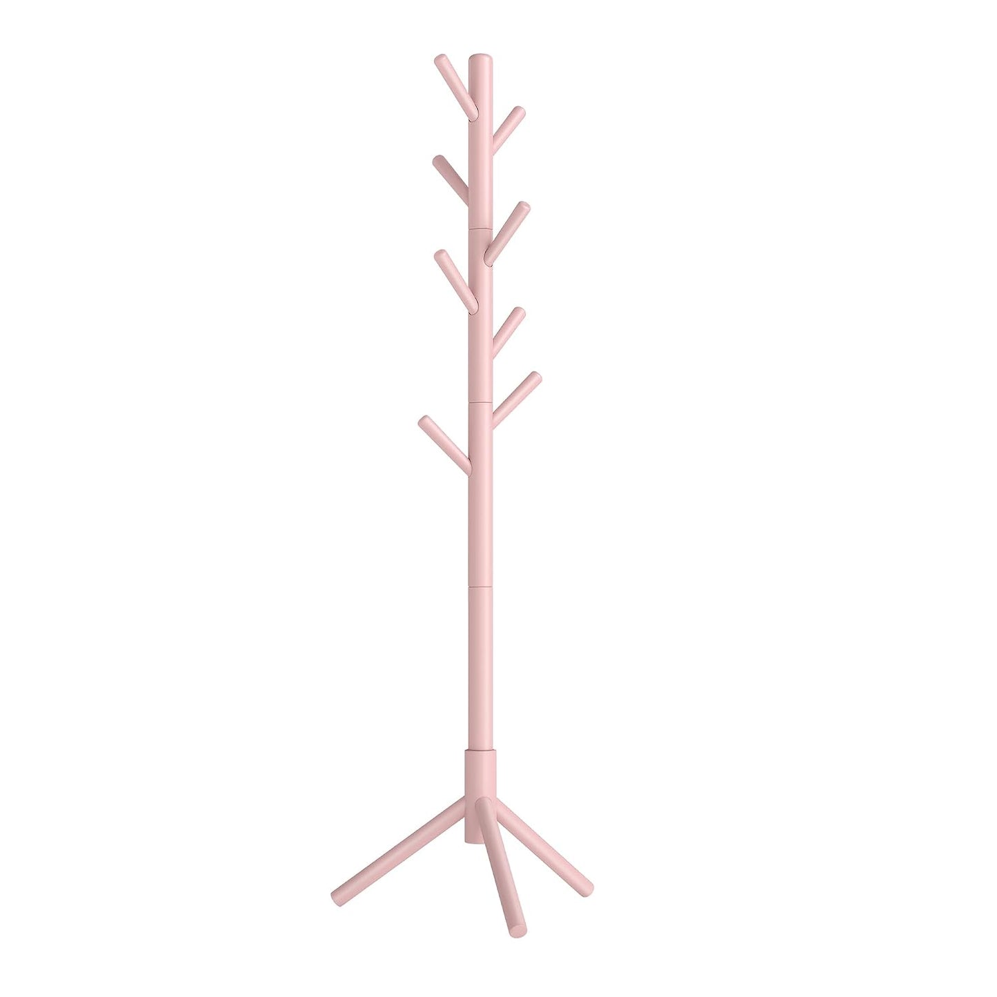 VASAGLE Solid Wood Coat Rack, Free Standing Tree-Shaped Coat Rack with 8 Hooks, 3 Height Options, for Clothes, Hats, Bags, Living Room, Bedroom, Home Office, Jelly Pink URCR004R01