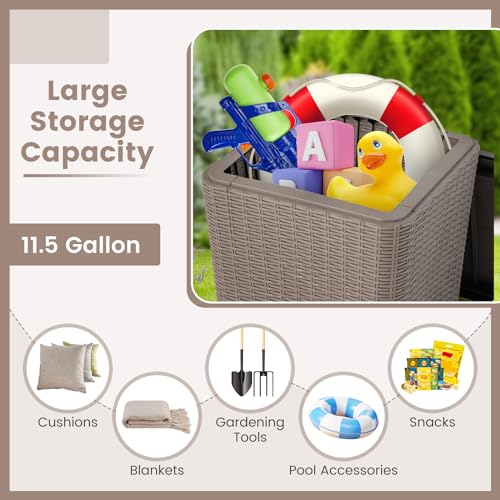 Giantex 11.5 Gallon Deck Box, Outdoor Side Table with Removable Lid, Faux Wicker-Woven, 330Lbs Capacity, Outside Waterproof Storage Box, Resin Rattan Small Coffee Table for Patio Poolside (Brown)