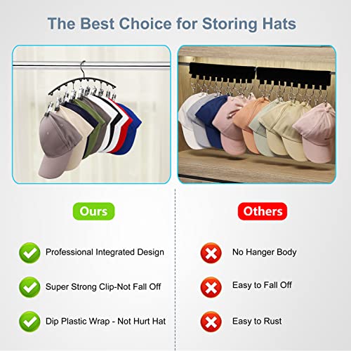 Hat Hangers for Closet,Hat Organizer Racks for Base Ball Caps 2 Pack | Metal Door Hats Racks for Baseball Cap with 10 Large Clips, Baseball Hat Holder for Closet Storage, Fits All Cap-Black