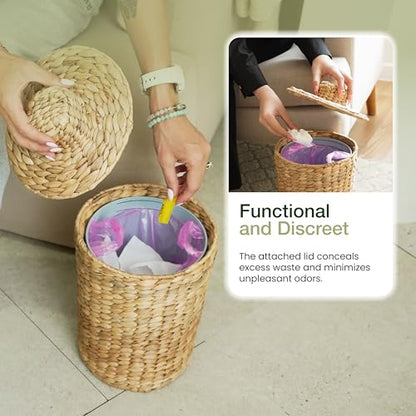 Tidita Water Hyacinth Bathroom Garbage Can with a Lid, 2 Gallon Capacity | Water Hyacinth, Iron Frame, Removable Liner, Compact, Handwoven Design, Boho Style, Kitchen, Bedroom, Office, No Assembly