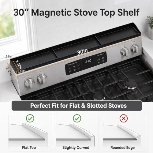 30" Magnetic Stove Top Shelf, Silicone Over the Stove Spice Rack Organizer | Heat Resistant Silicone, Anti-Rattle No-Scratch Range Shelf, 3 Functional Partitions Kitchen Storage for Spices