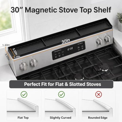 30" Magnetic Stove Top Shelf, Silicone Over the Stove Spice Rack Organizer | Heat Resistant Silicone, Anti-Rattle No-Scratch Range Shelf, 3 Functional Partitions Kitchen Storage for Spices