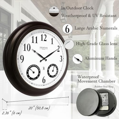 20" Large Outdoor Atomic Wall Clock,Oil Rubbed Bronze | Auto DST Adjust, IP65 Waterproof, Built In Thermometer & Hygrometer, Accurate & Easy to Read for Patio,Pool & Garden