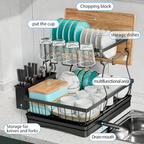 7 code 2-Tier Large Dish Drying Rack for Kitchen Counter, Black | Detachable Large Capacity Dish Drainer Organizer with Auto Drain, Anti-Rust Dish Rack with Cup & Utensil Holders